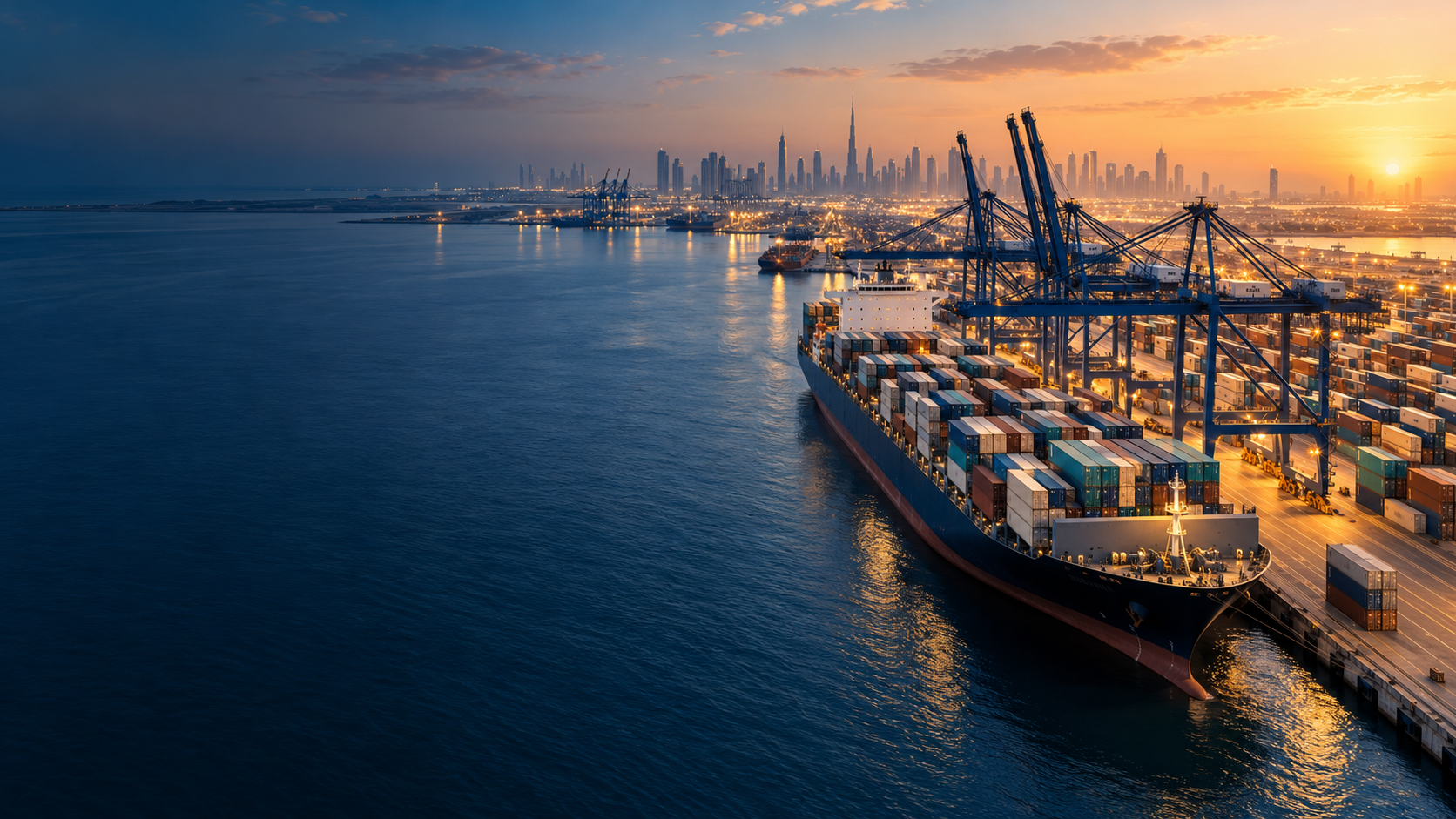Illustrative international port scene at sunrise
